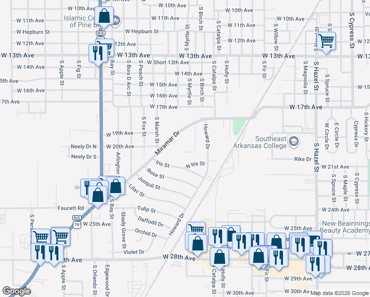 map of restaurants, bars, coffee shops, grocery stores, and more near 1802 Edmar Drive in Pine Bluff