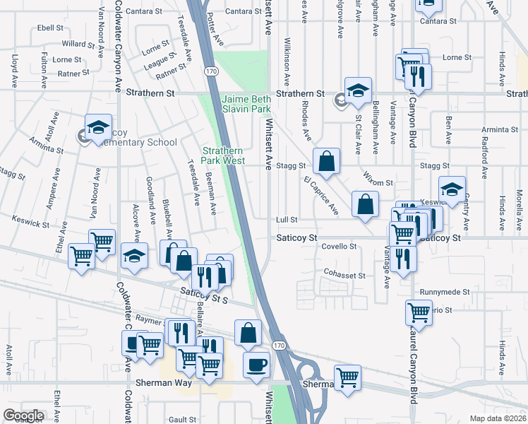 map of restaurants, bars, coffee shops, grocery stores, and more near 7639 Whitsett Avenue in Los Angeles