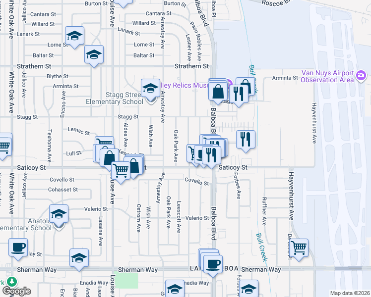 map of restaurants, bars, coffee shops, grocery stores, and more near 7645 Genesta Avenue in Los Angeles