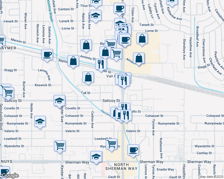 map of restaurants, bars, coffee shops, grocery stores, and more near 14555 Keswick Street in Van Nuys