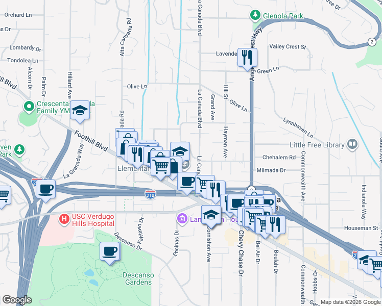map of restaurants, bars, coffee shops, grocery stores, and more near Fernside Drive in La Cañada Flintridge