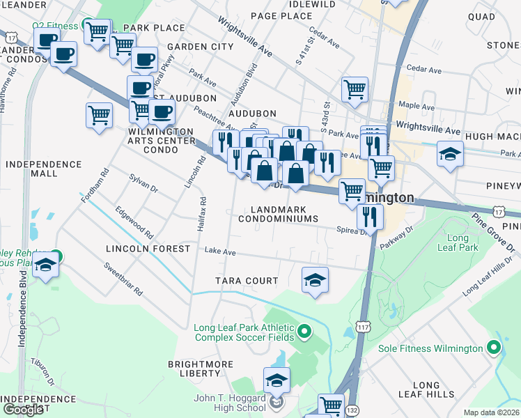 map of restaurants, bars, coffee shops, grocery stores, and more near 4149 Spirea Drive in Wilmington