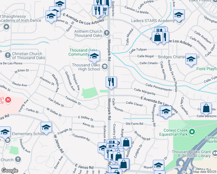 map of restaurants, bars, coffee shops, grocery stores, and more near 2323 North Moorpark Road in Thousand Oaks
