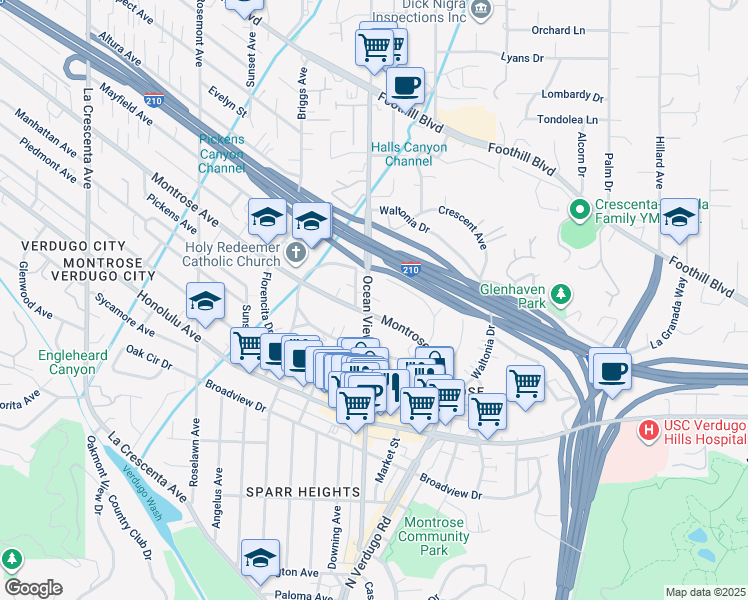 map of restaurants, bars, coffee shops, grocery stores, and more near 2258 Del Mar Road in La Crescenta-Montrose
