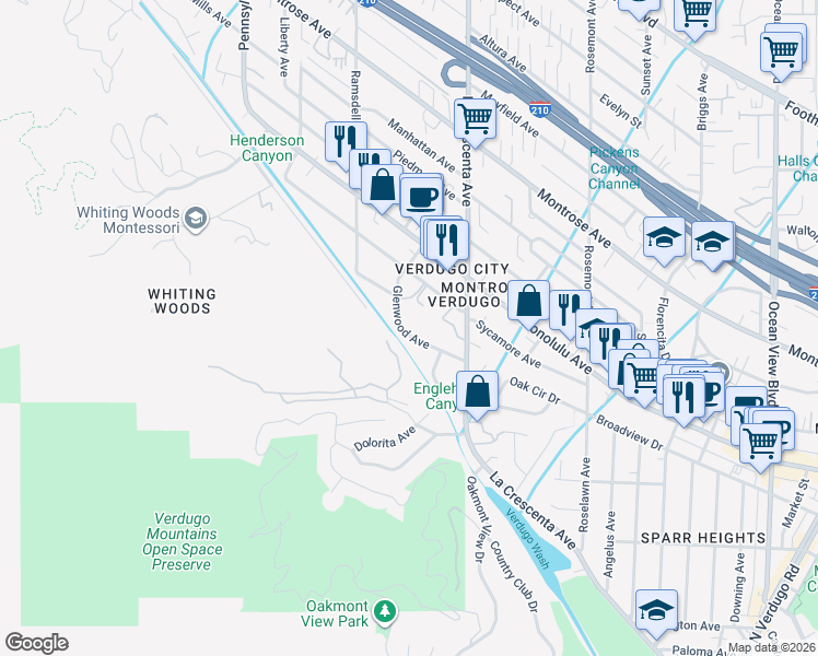 map of restaurants, bars, coffee shops, grocery stores, and more near 3708 Glenwood Avenue in Glendale