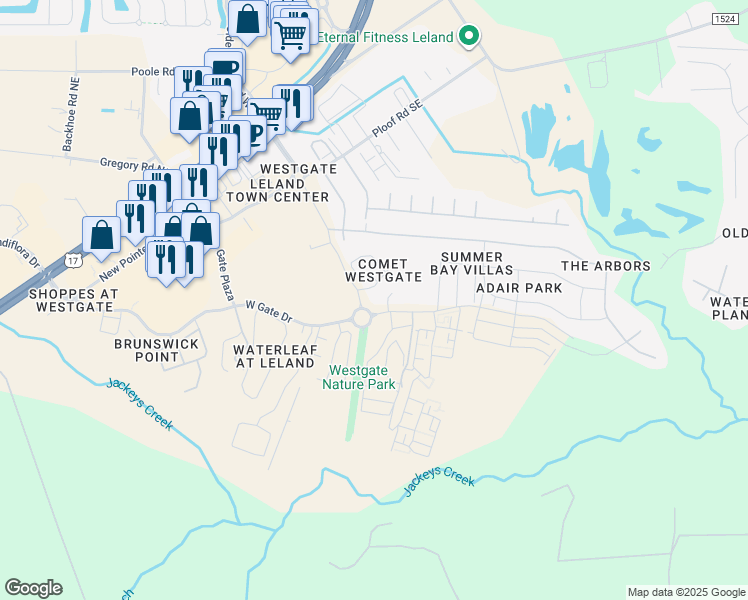 map of restaurants, bars, coffee shops, grocery stores, and more near 5050 Tradeway Drive in Leland