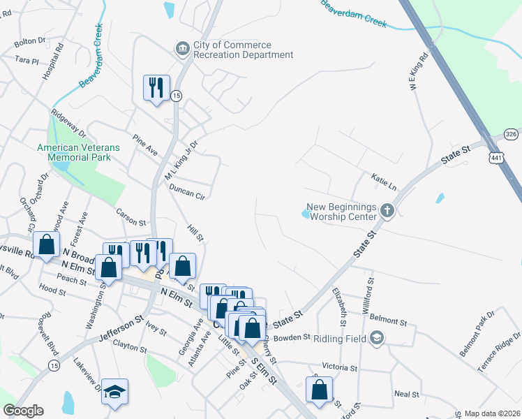 map of restaurants, bars, coffee shops, grocery stores, and more near 58 Brandi Street in Commerce