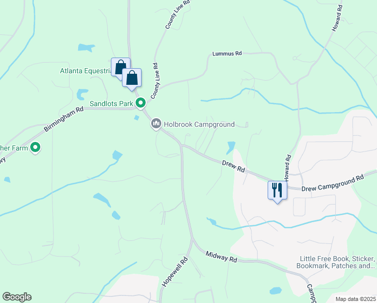 map of restaurants, bars, coffee shops, grocery stores, and more near 5385 Drew Road in Alpharetta