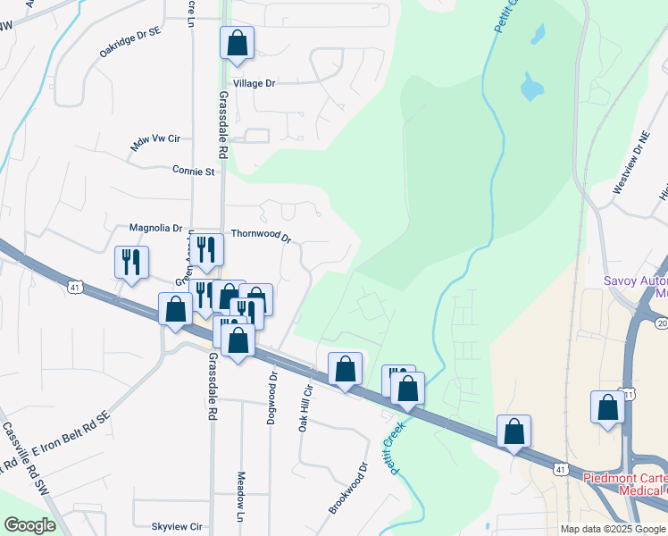 map of restaurants, bars, coffee shops, grocery stores, and more near 21 Southview Drive in Cartersville