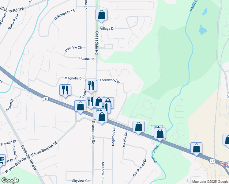 map of restaurants, bars, coffee shops, grocery stores, and more near 4 Huntcliff Drive in Cartersville