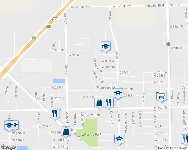 map of restaurants, bars, coffee shops, grocery stores, and more near 1321 Navajo Trail in Plainview
