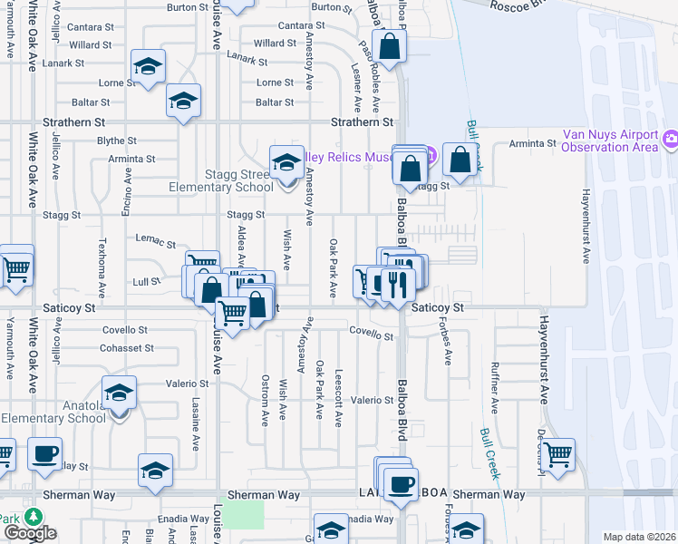 map of restaurants, bars, coffee shops, grocery stores, and more near 7644 Oak Park Avenue in Los Angeles