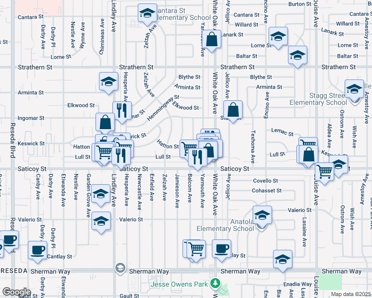 map of restaurants, bars, coffee shops, grocery stores, and more near 17814 Hatton Street in Los Angeles