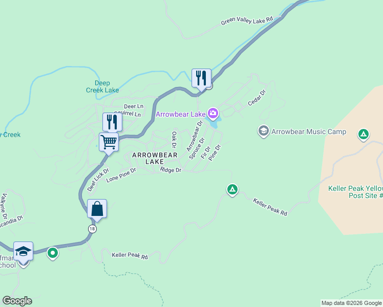 map of restaurants, bars, coffee shops, grocery stores, and more near 2424 Spruce Drive in Running Springs