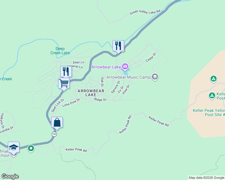 map of restaurants, bars, coffee shops, grocery stores, and more near 2424 Spruce Drive in Running Springs