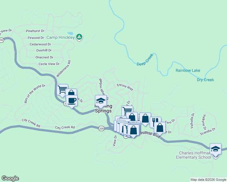 map of restaurants, bars, coffee shops, grocery stores, and more near 2430 Whispering Pines Drive in Running Springs