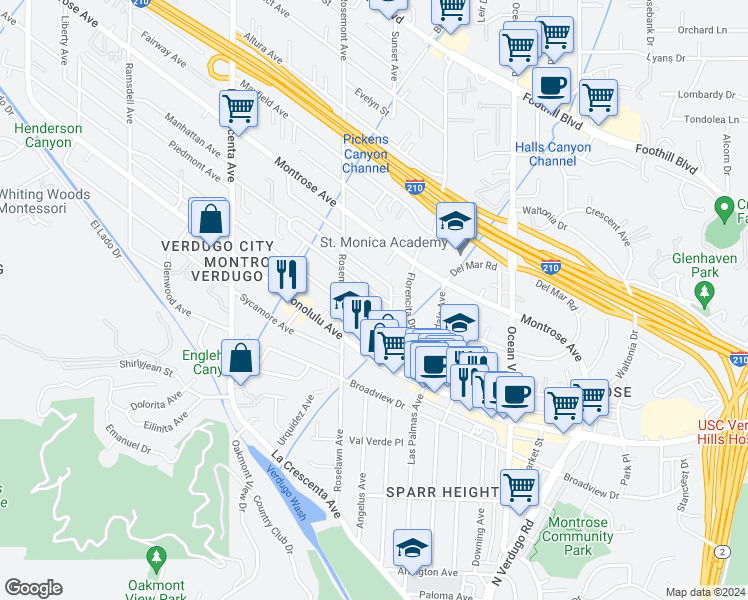 map of restaurants, bars, coffee shops, grocery stores, and more near 2516 Piedmont Avenue in La Crescenta-Montrose