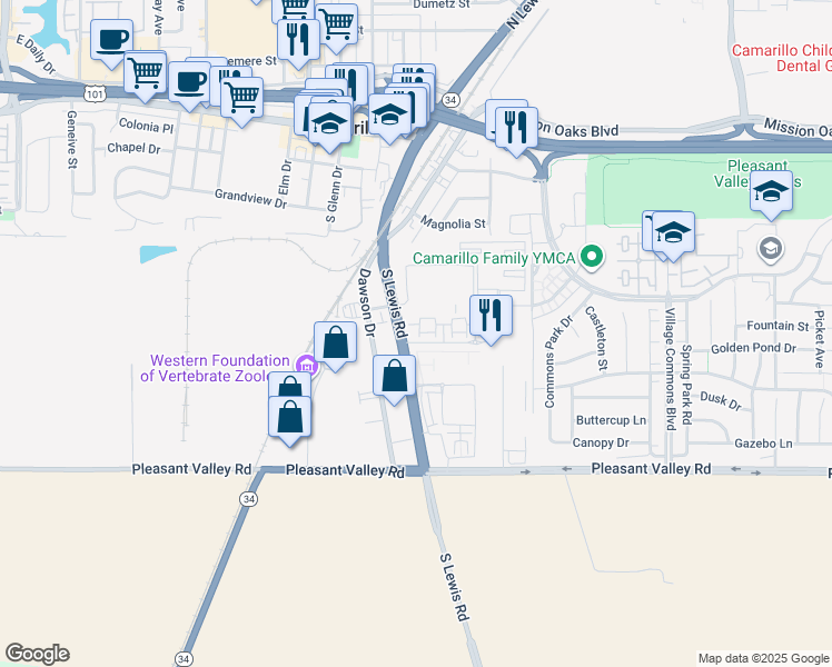 map of restaurants, bars, coffee shops, grocery stores, and more near 1300 California 34 in Camarillo