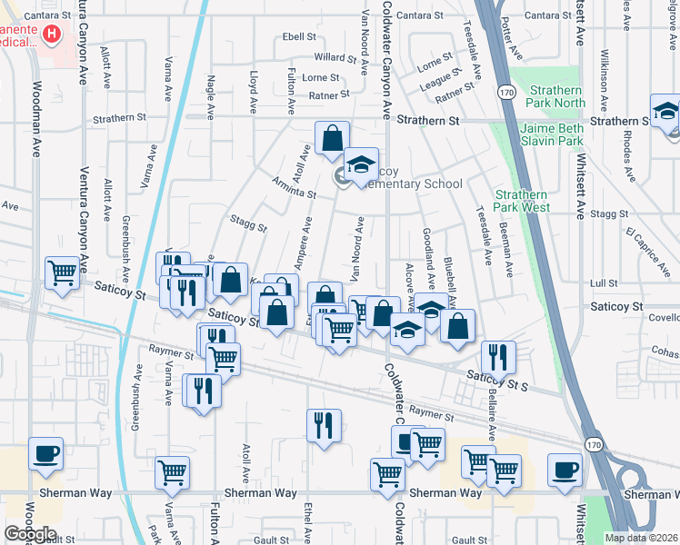 map of restaurants, bars, coffee shops, grocery stores, and more near 13016 Stagg Street in Los Angeles