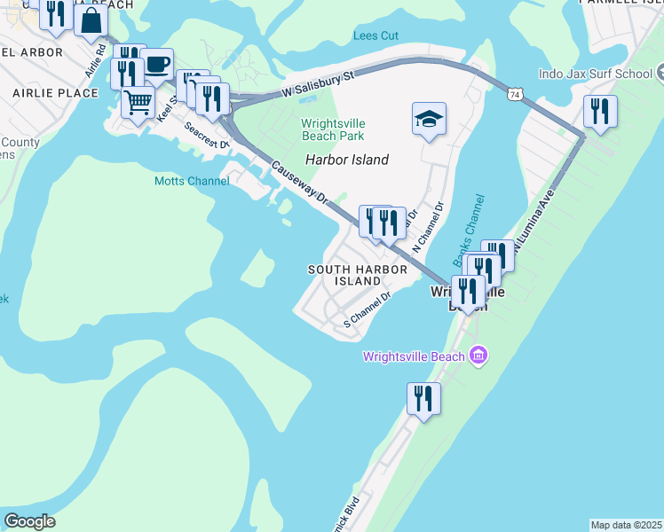 map of restaurants, bars, coffee shops, grocery stores, and more near 20 Island Drive in Wrightsville Beach
