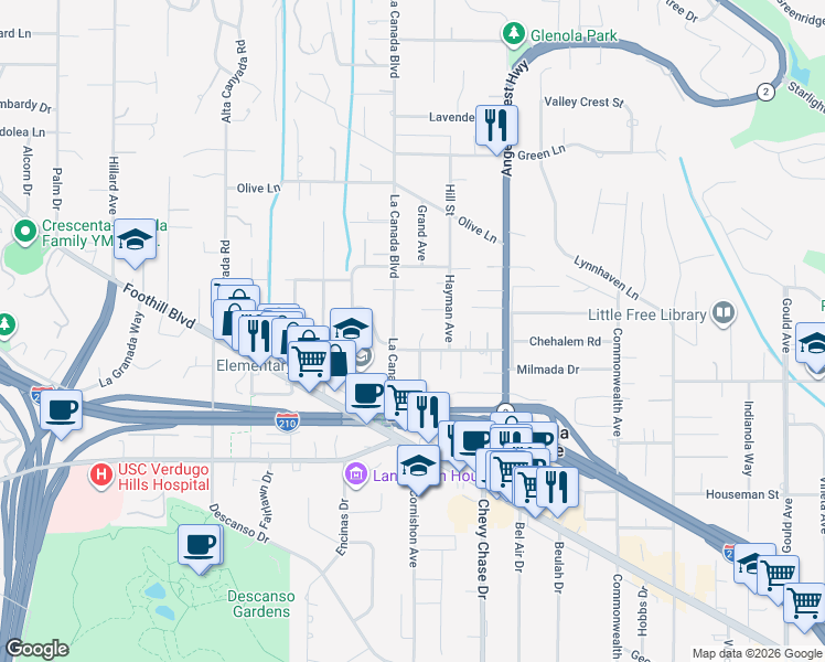 map of restaurants, bars, coffee shops, grocery stores, and more near 1139 Fairview Drive in La Cañada Flintridge