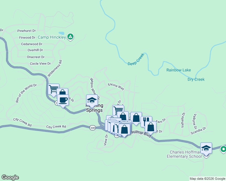 map of restaurants, bars, coffee shops, grocery stores, and more near 2413 Whispering Pines Drive in Running Springs