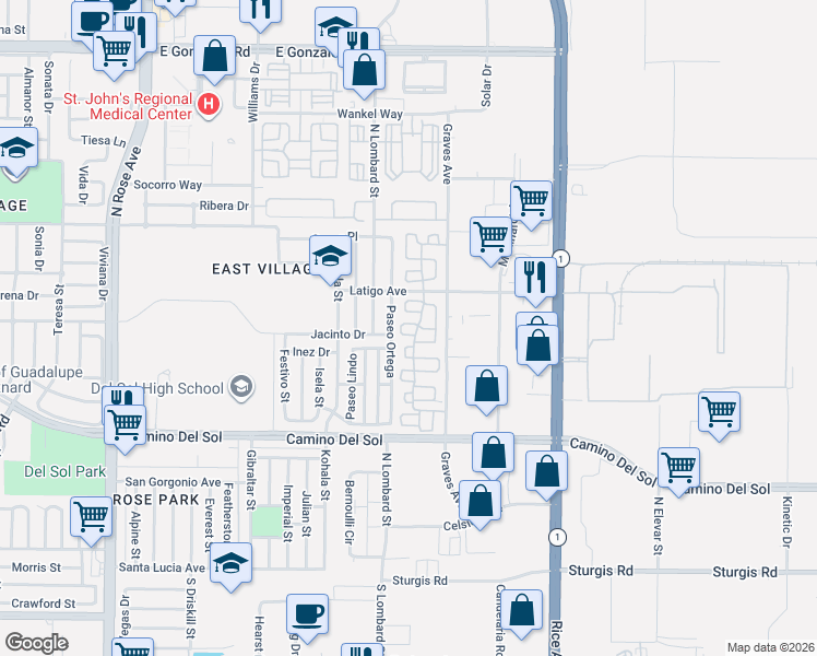 map of restaurants, bars, coffee shops, grocery stores, and more near 834 Corte Baya Vista in Oxnard
