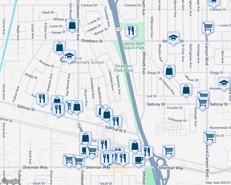 map of restaurants, bars, coffee shops, grocery stores, and more near 7650 Teesdale Avenue in Los Angeles
