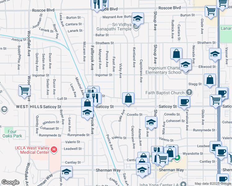 map of restaurants, bars, coffee shops, grocery stores, and more near 7650 Faust Avenue in Los Angeles
