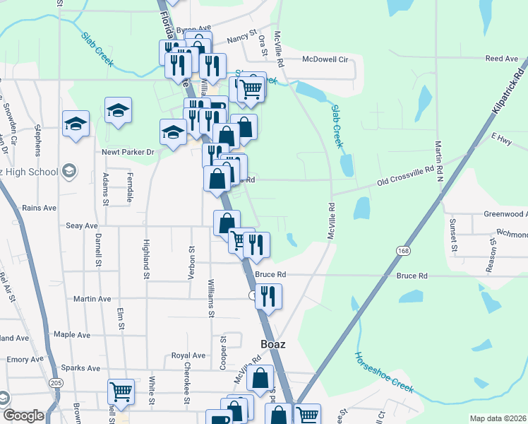 map of restaurants, bars, coffee shops, grocery stores, and more near 154 Charlotte Avenue in Boaz