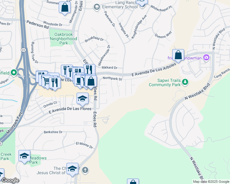 map of restaurants, bars, coffee shops, grocery stores, and more near 2196 Summerpark Court in Thousand Oaks
