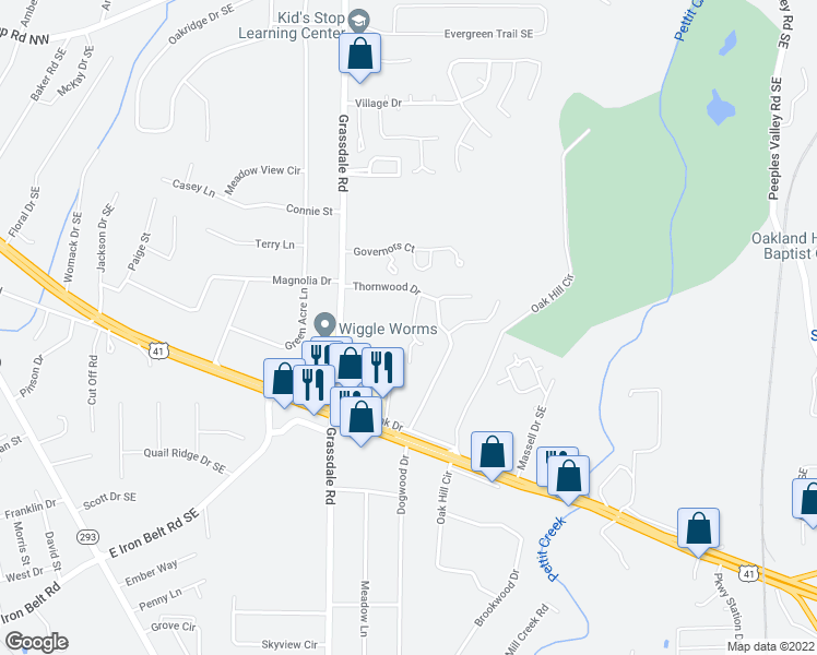 map of restaurants, bars, coffee shops, grocery stores, and more near 13 Huntcliff Dr in Cartersville