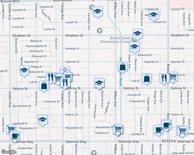 map of restaurants, bars, coffee shops, grocery stores, and more near 19026 Keswick Street in Los Angeles