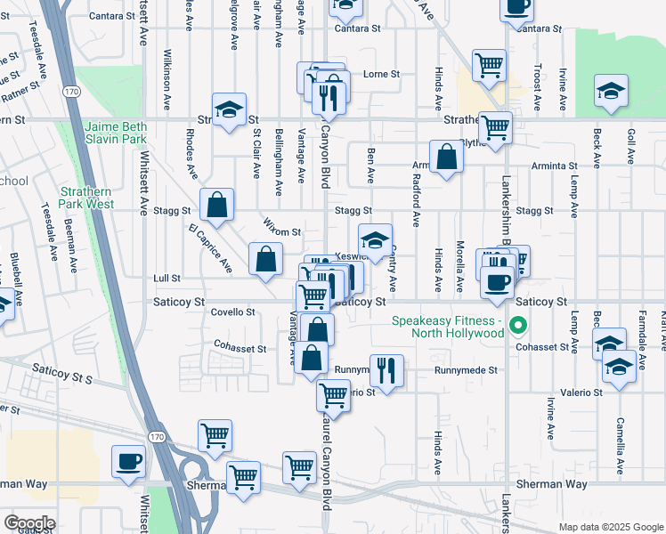 map of restaurants, bars, coffee shops, grocery stores, and more near 7654 Laurel Canyon Boulevard in Los Angeles