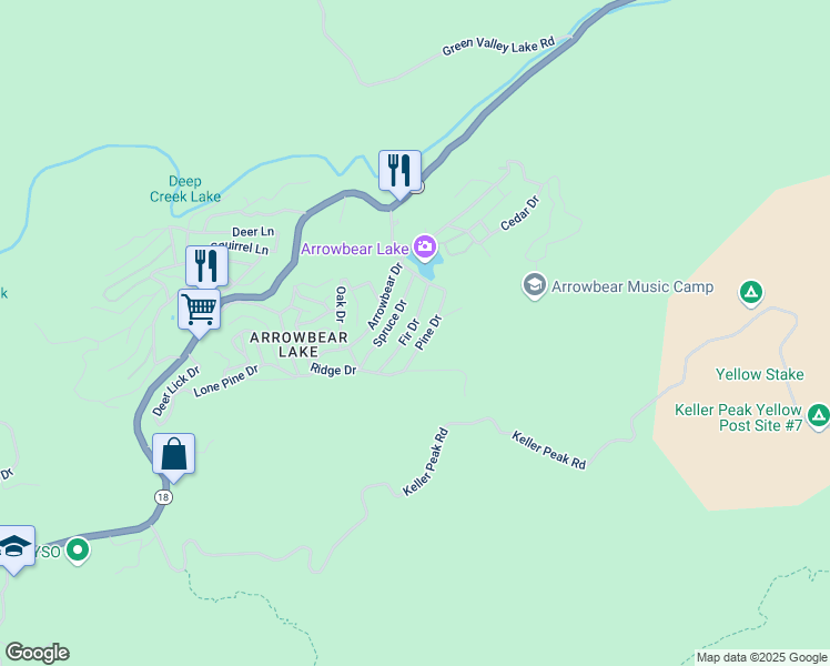 map of restaurants, bars, coffee shops, grocery stores, and more near 2405 Fir Drive in Running Springs