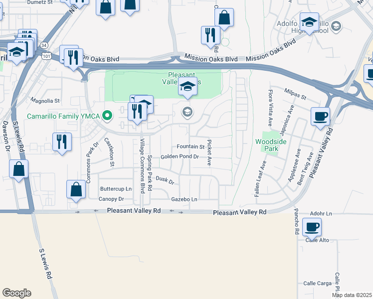 map of restaurants, bars, coffee shops, grocery stores, and more near 3690 Fountain Street in Camarillo