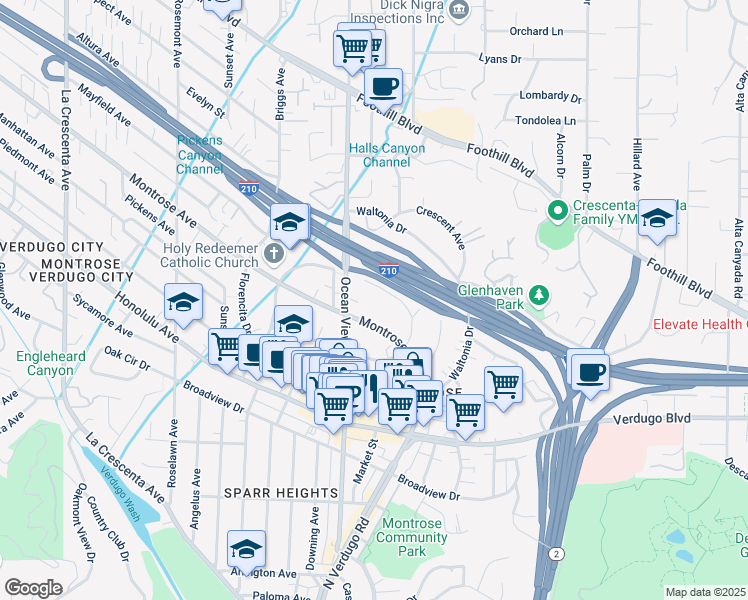 map of restaurants, bars, coffee shops, grocery stores, and more near 2248 Del Mar Road in La Crescenta-Montrose