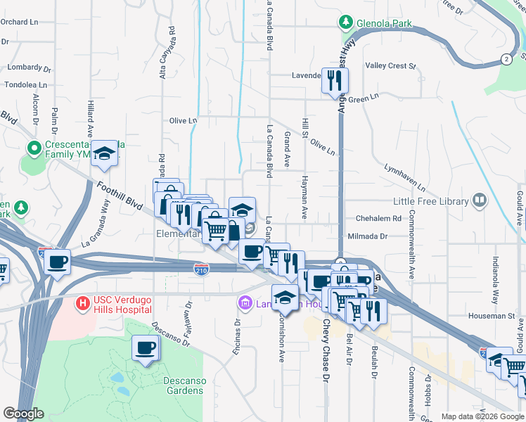 map of restaurants, bars, coffee shops, grocery stores, and more near Fernside Drive in La Cañada Flintridge