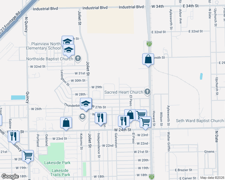 map of restaurants, bars, coffee shops, grocery stores, and more near 2812 Houston Street in Plainview