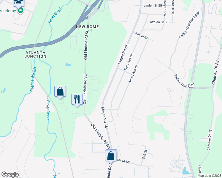 map of restaurants, bars, coffee shops, grocery stores, and more near 2821 Maple Road Southeast in Rome