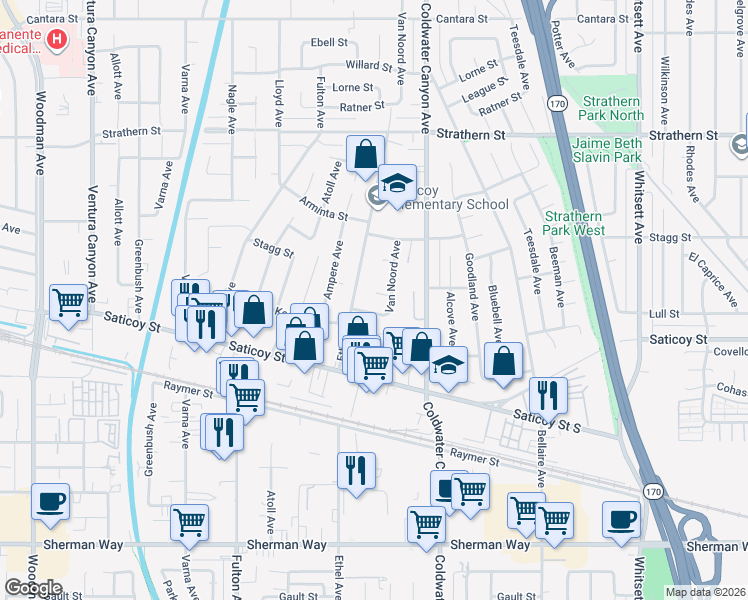 map of restaurants, bars, coffee shops, grocery stores, and more near 13016 Stagg Street in Los Angeles