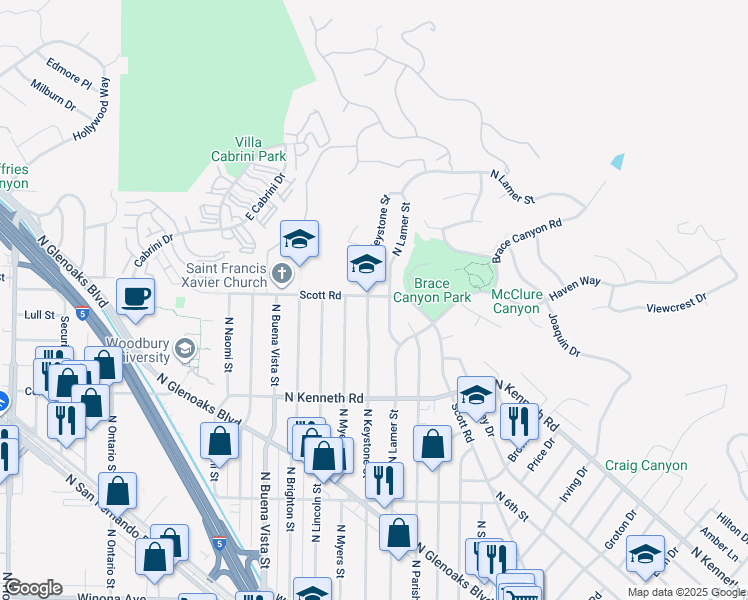 map of restaurants, bars, coffee shops, grocery stores, and more near 2860 North Keystone Street in Burbank