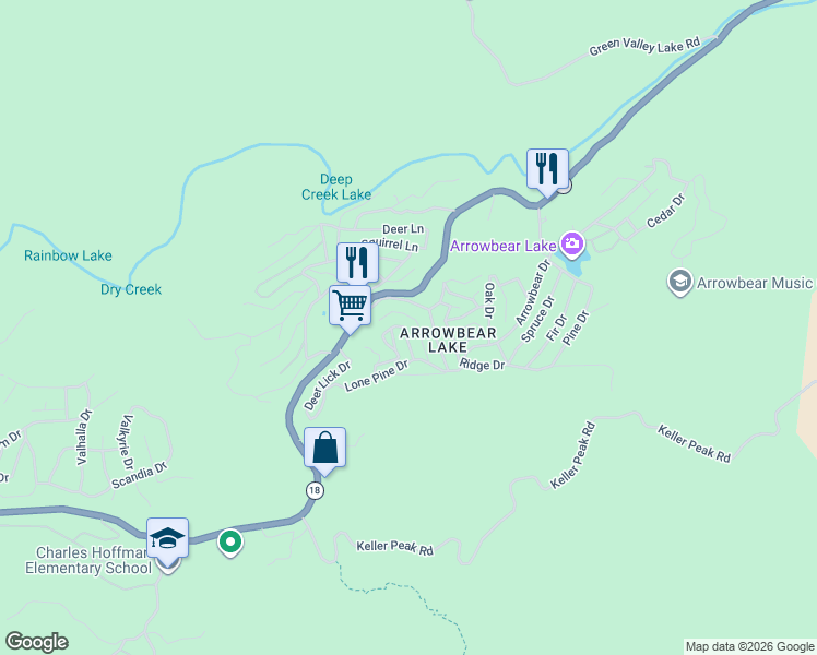map of restaurants, bars, coffee shops, grocery stores, and more near 2455 Elko Drive in Running Springs