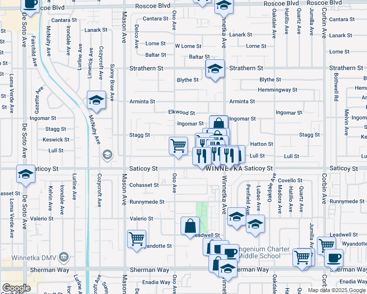 map of restaurants, bars, coffee shops, grocery stores, and more near 20253 Keswick Street in Los Angeles
