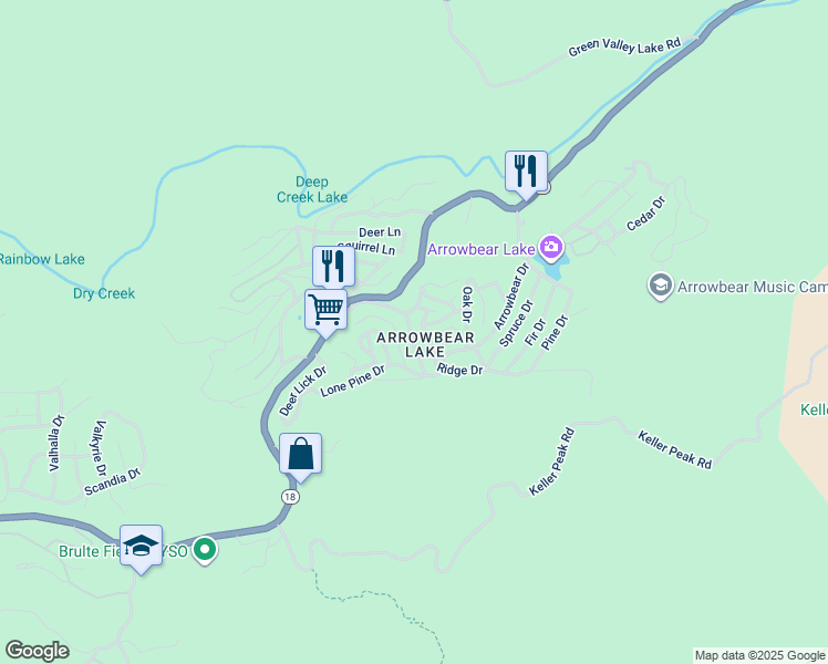 map of restaurants, bars, coffee shops, grocery stores, and more near 33020 Arrowbear Drive in Running Springs