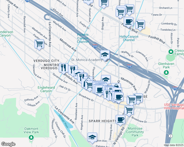 map of restaurants, bars, coffee shops, grocery stores, and more near 2454 Florencita Drive West in La Crescenta-Montrose