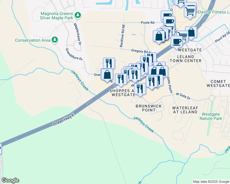 map of restaurants, bars, coffee shops, grocery stores, and more near 1100 Town Lake Drive in Leland