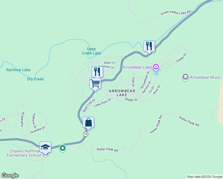 map of restaurants, bars, coffee shops, grocery stores, and more near 2455 Elko Drive in Running Springs