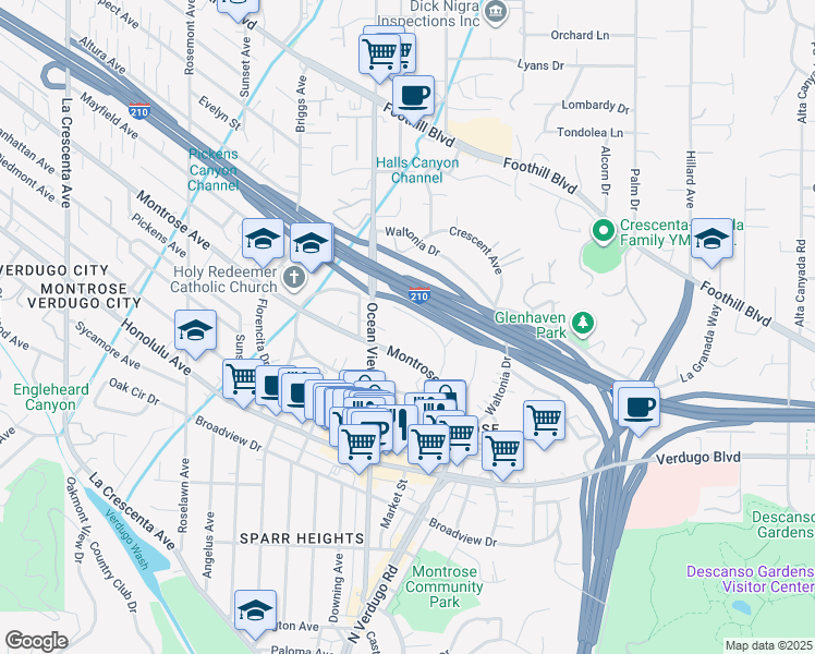 map of restaurants, bars, coffee shops, grocery stores, and more near 2258 Del Mar Road in La Crescenta-Montrose