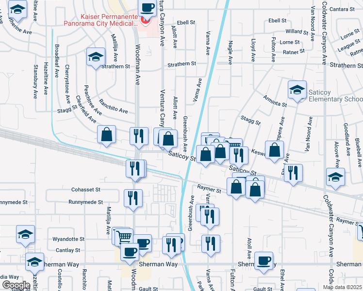 map of restaurants, bars, coffee shops, grocery stores, and more near 7722 Greenbush Avenue in Los Angeles